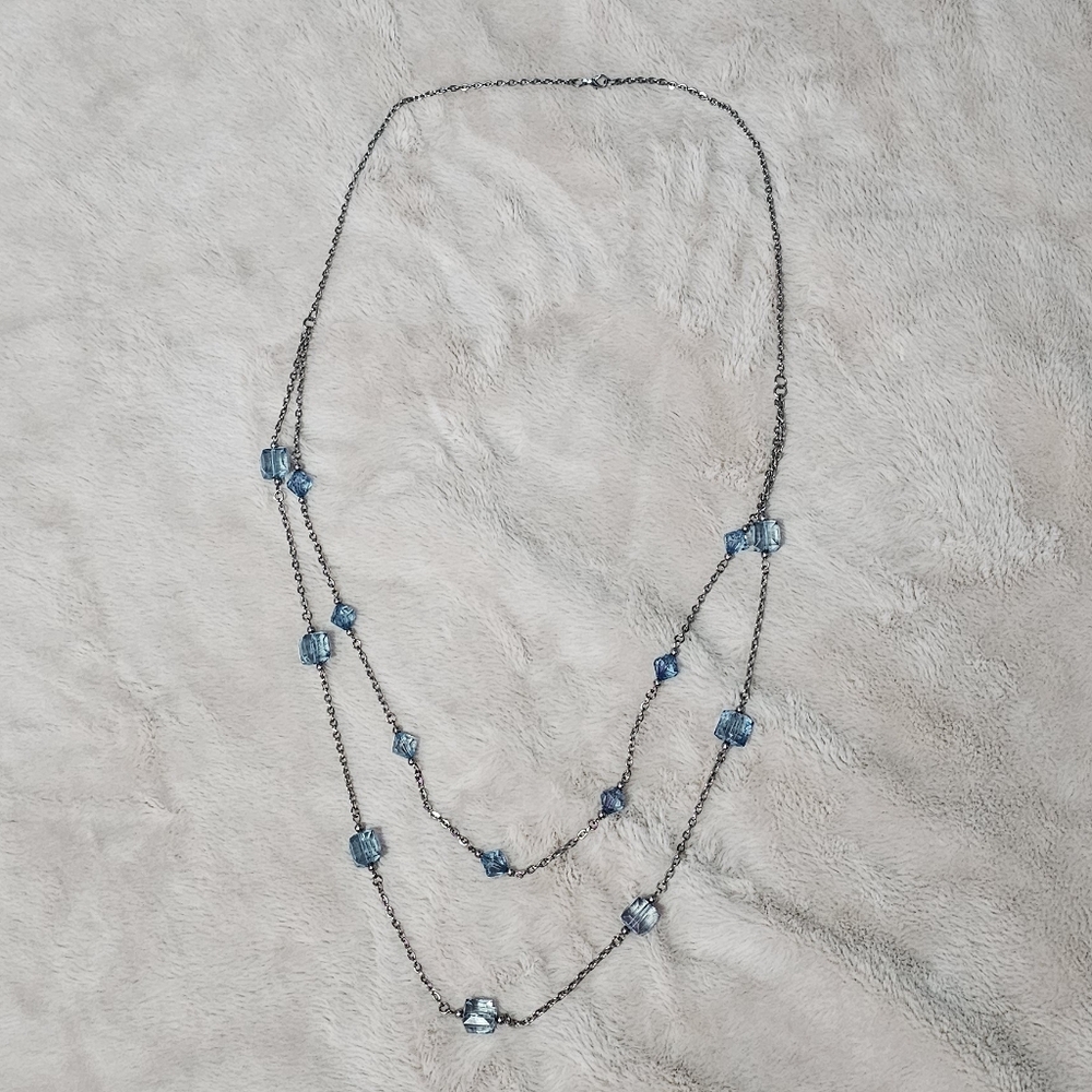 Layered Chain Necklace With Blue Crackle Beads